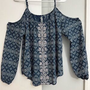 Navy Blue Patterned Cold Shoulder Top